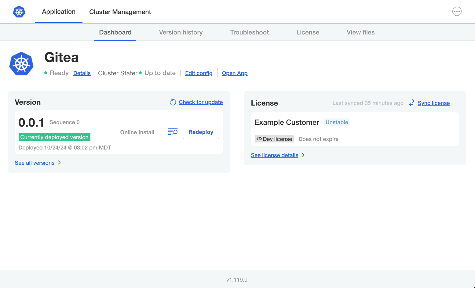 Admin console dashboard showing ready status